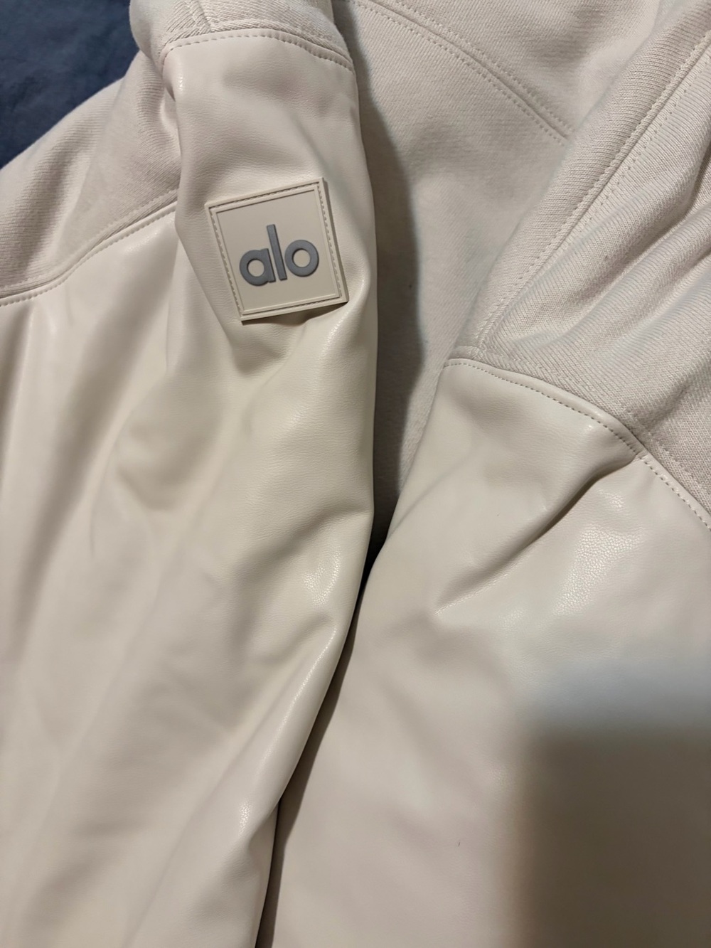 ALO Yoga Cream Mixed-Material Hooded Varsity Jacket - Picture 9 of 9